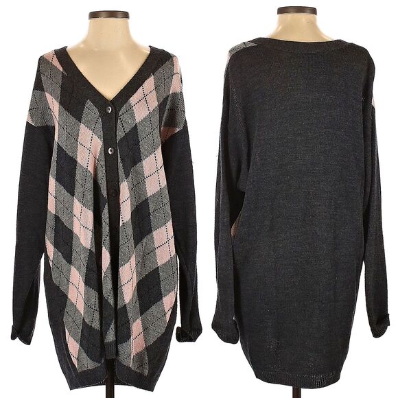 Vintage Argyle Cardigan 90s Elisabeth Gray Knit Longline Dark Academia Size 1X - Picture 4 of 9